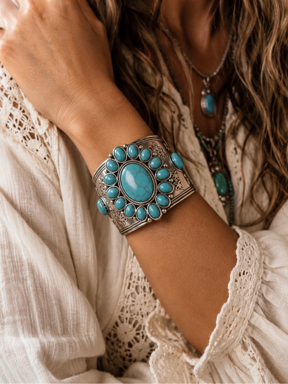 🌵Southwestern Faux Turquoise🩵 Cuff Bracelet | Wide Etched Silver Plate Band 🤠